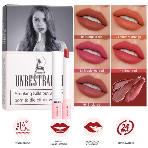 SHEEPFLY 5 Colors Matte Cigarete Lipstick Set,Durable Water Resistant Sweat Not Off Makeup Ladies Lipstick, Velvet Lipstick(5 Colors)