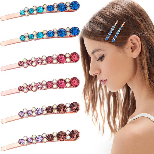HINZIC 6PCS Crystal Floral Hair Clips Metal Diamond Bobby Hair Pins Pink Spiral Bling Decorative Hair Accessories for Women Girls Gift(Pink,Purple,Blue)