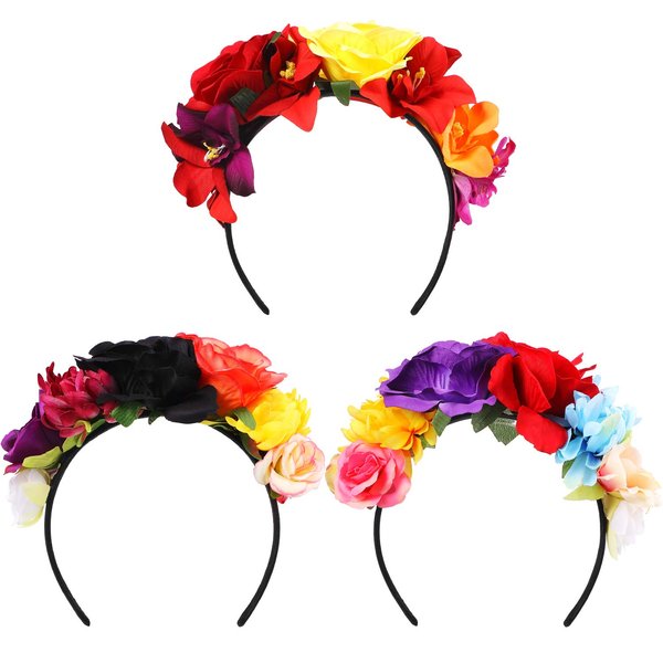 WILLBOND 3 Pcs Mexican Rose Flower Crown Headband Easter Mardi Gras Headpiece Cosplay Headgear for Party (Charming Colors)
