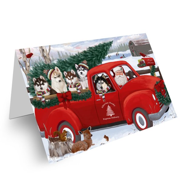 Christmas Santa Express Delivery Red Truck Siberian Huskies Dog Greeting Cards - Adorable Pets Invitation Cards with Envelopes - Pet Artwork Christmas Greeting Cards GCD69044 (1 Greeting Card)