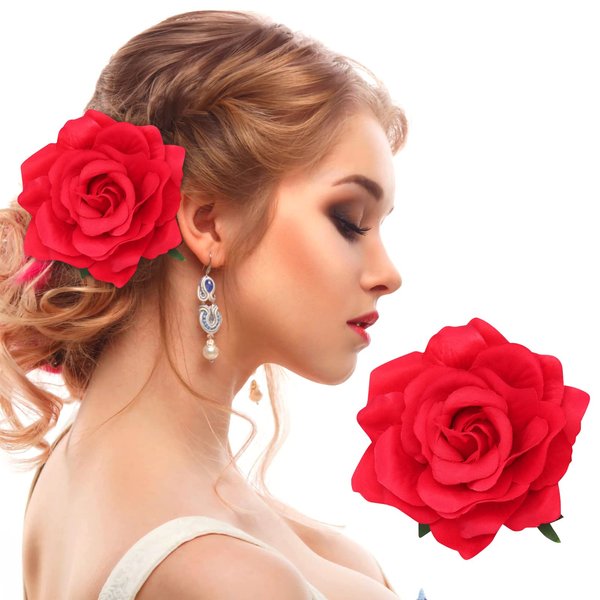 PAFUWEI Red Rose Flower Hair Clip, Artifical Red Rose Flower Hairpin for Bridal Bridesmaid Girls, Flamenco Dancer Hair Brooch and Pins for Women, Rose Red Hair Accessories for Christmas, Wedding