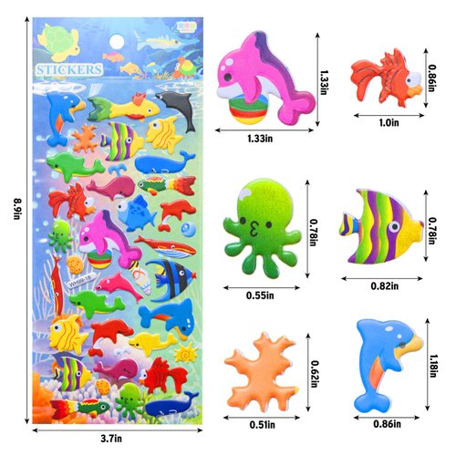 3D Puffy Ocean Animal Stickers for Kids Toddlers, 6 Packs Cute Foam Fish Stickers with Assorted Sea Creature Marine Life, Reusable Squishy Bubble Stickers for Scrapbooking Teacher Reward Party Favors
