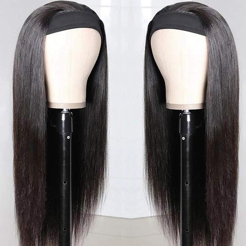 Douyin Headband Wig Human Hair Straight Headband Wigs For Black Women Brazilian Virgin Hair Machine Made Glueless Human Hair Wigs With Headband (Straight, 12 inch)
