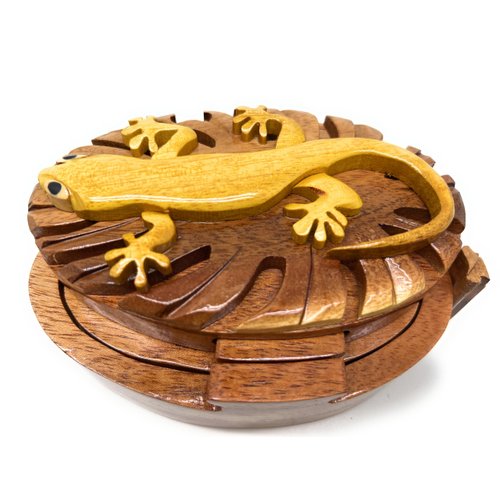 Gecko, All Natural Wood Puzzle Box, Handcrafted with Hidden Compartment and Key, Exotic Intarsia Wood Art
