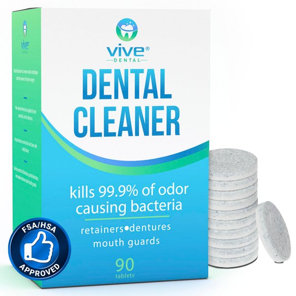 Vive Dental Night Guard Cleaner Tablets - Retainer & Denture Tabs for NightGuard, Mouthguard - Removeable Partial or Full False Teeth - Overnight, Antibacterial Cleanse Removes Stains, Plaque, Odor