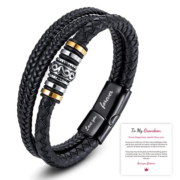 To My Grandson Braided Leather Bracelet‘I Will Always Be with You'Braided Leather Bracelet for Men,Handmade Braided Rope Wristband Bracelet Gift for Son (To My Grandson)