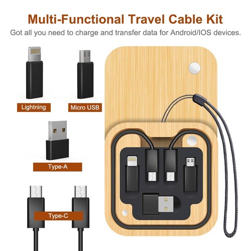 PONICOR Multi USB Charging Adapter Cable Kit for Travel, Fast Charging and Data Transfer Cable with Type C to Type C/Micro/USB A Adapters, Pocket Cable Kit for Travel Gadget