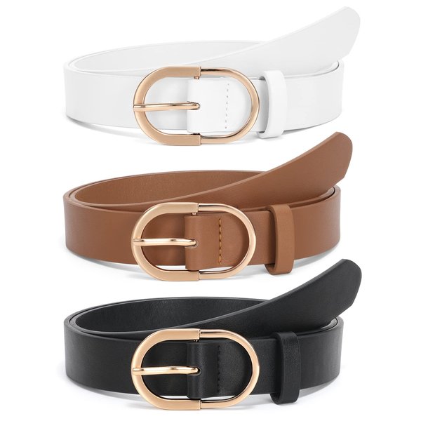 JASGOOD 3 Pack Women’s Leather Belts for Jeans Pants Fashion Ladies Belt with Gold Buckle, E-Black+Brown+White, Fit Waist Size 25"-31"