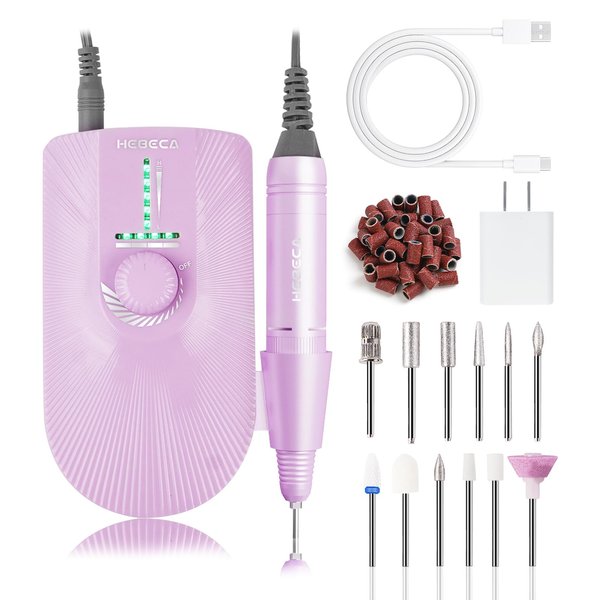HEBECA Professional Nail Drill 35000RPM, Rechargeable & Cordless Electric Nail File Drill Machine with 12 Bits and 26pcs Sanding Bands for Acrylic Gel Nails, Salon and Home Use T18
