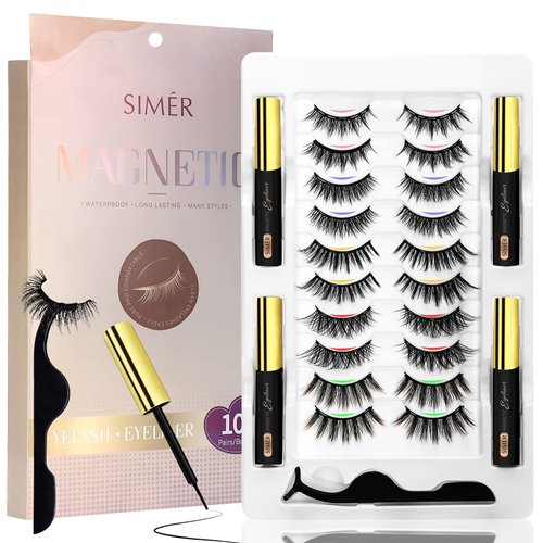 SIMER Magnetic Eyelashes with Eyeliner 10 Pairs False Lashes 5 Types Mink Lashes Natural Look Cat Eye Lash Extension Russian Strip Lashes Reusable(8 black + 2 colored)