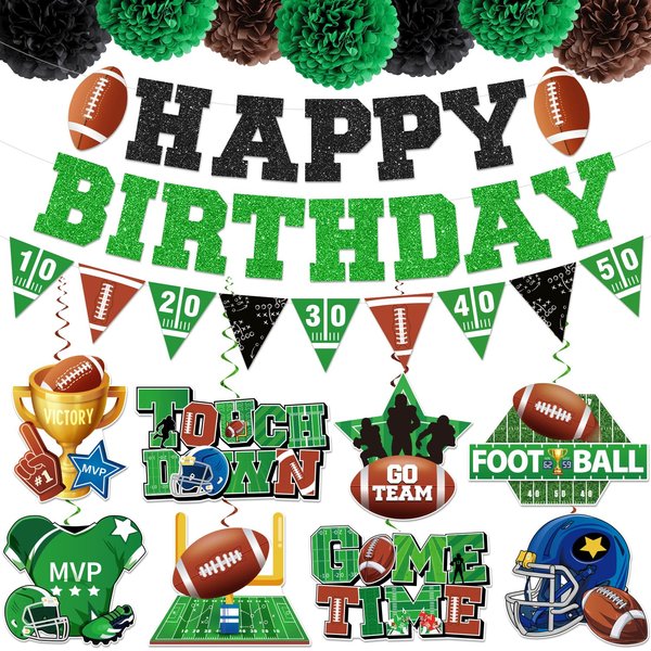 Football Birthday Party Decorations, Football Party Decorations Includes Happy Birthday Football Banner, Football Themed Party Supplies Garland and Hanging Swirls, Paper Pom Poms