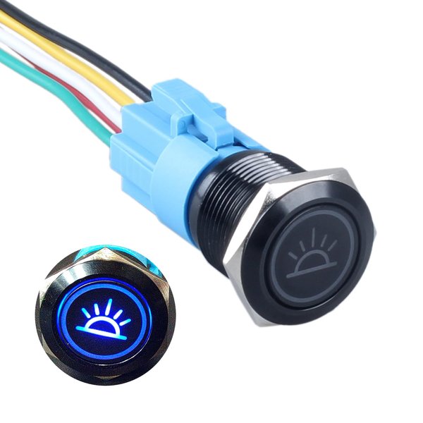 DMWD 1pc 19mm Interior Lights Switch Latching Push Button Switch 12V-24V ON-Off 1NO 1NC SPDT 3/4" Mounting Hole with Pre-Wired Socket for Car Truck Boat Modification Black Shell Blue LED