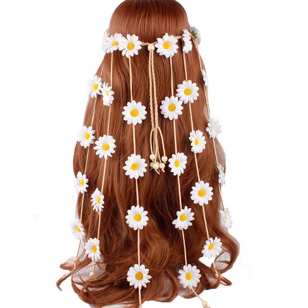 Flower Headband Hippie Sunflower Hairband Floral Crown Bohemian Hair Bands Women Girls Boho Hair Hoop Headdress Headwear Headpiece Party Decoration Cosplay Costume Cute Handmade Hair Accessories White