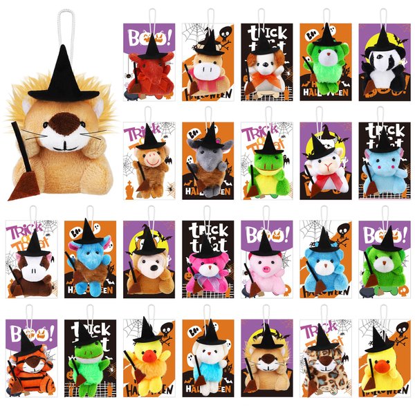 Fovths 24 Pieces Halloween Mini Stuffed Animals Plush Toy with Witch Hat Broom Cards Keychain for Kids Boys Girls Halloween Stuffed Party Favors