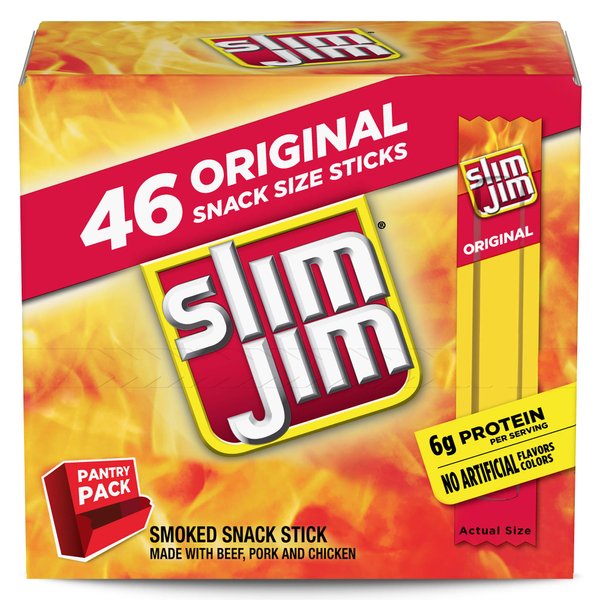 Slim Jim Original Snack Size Stick, Easy, On-the-Go School, Work and Travel Snacks, 0.28 OZ Meat Snacks, 46 Count Box