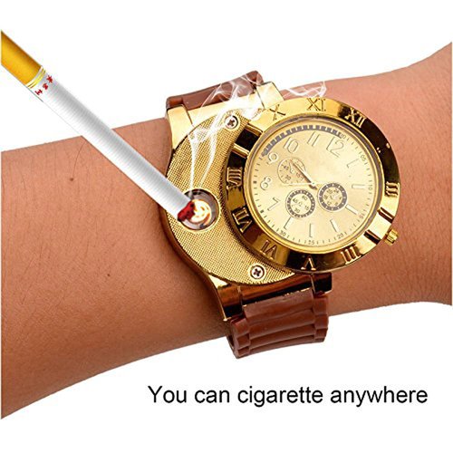 ENJOY-UNIQUE New Military USB Lighter Watch Men's Casual Wristwatches with Windproof Flameless Cigarette Cigar Lighter (Gold)