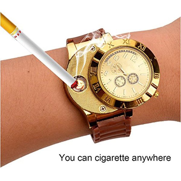 ENJOY-UNIQUE New Military USB Lighter Watch Men's Casual Wristwatches with Windproof Flameless Cigarette Cigar Lighter (Gold)