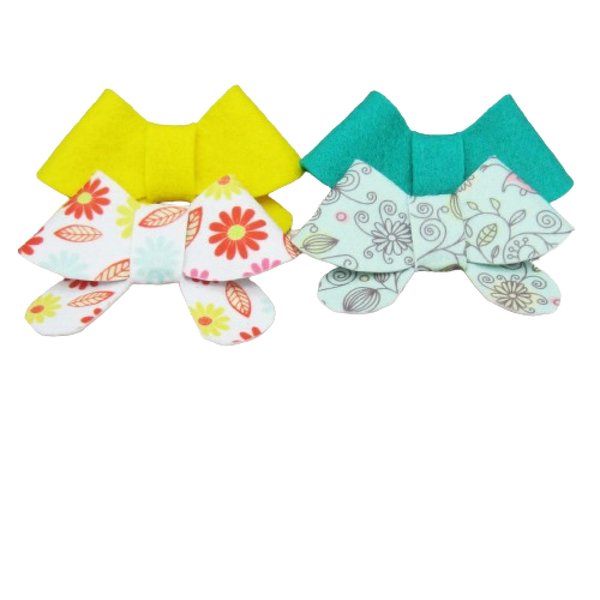 Set of 4 felt bows yellow, green & floral (Alligator Clip Right)