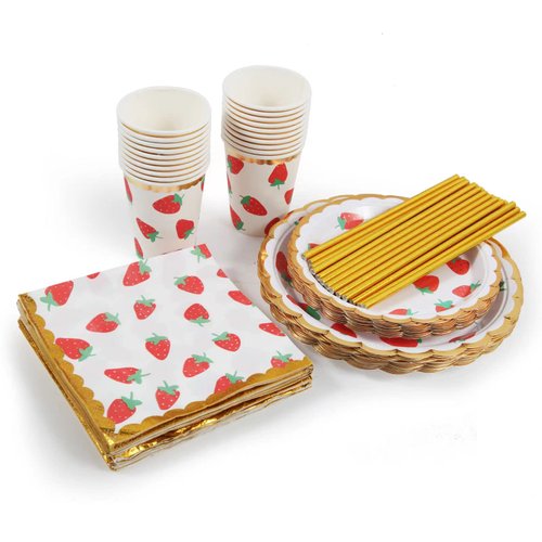 120 Piece Disposable Dinnerware Set, Strawberry Party Supplies with 20 Dinner Plates, 20 Dessert Plates, 20 Cups, 20 Straws & 40 Napkins for Party, Picnic, Wedding Baby Shower - 20 Guests (Strawberry)