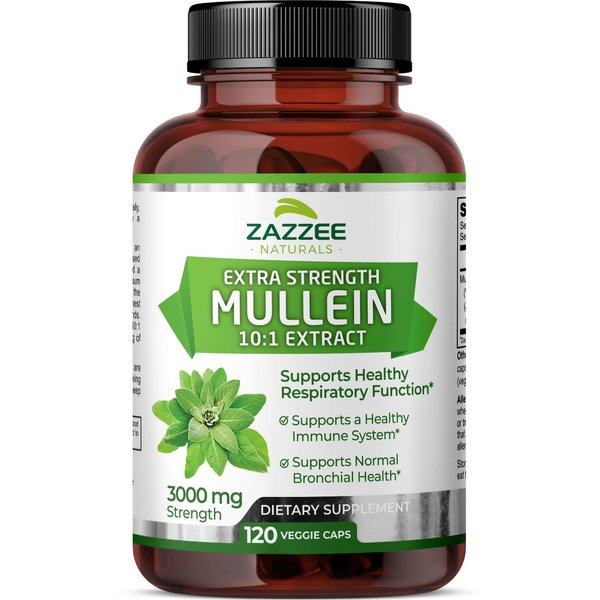 Zazzee Extra Strength Mullein 10:1 Extract, 3000 mg Strength, 120 Vegan Capsules, 4 Month Supply, Concentrated and Standardized 10X Extract, 100% Pure Leaf Powder, All-Natural and Non-GMO