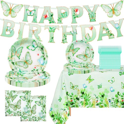 Butterfly Birthday Decorations, Butterfly Girl Party Decorations Supplies with Plates, Napkins, Tablecloth, Banner, Fork for Birthday, Baby Shower, Butterfly Party Decorations Tableware, Serves 24