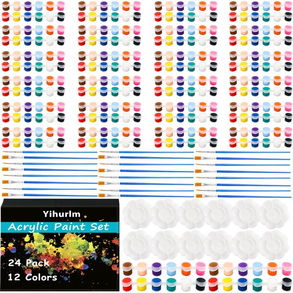 Yihurlm 24 Pack Mini Acrylic Paint Set,12 Colors Acrylic Paint Strips for Kids & Adults, Washable Paint Set with 24 Flat Brushes, 24 Pointed Brushes, Kids Paint Set for Class Painting Artistic Crafts