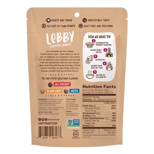 Lebby Chickpea Dark Chocolate Snack, Gluten-Free, Non-GMO, Vegan, Kosher, Guilt-Free 3.5 Oz 6 Pack