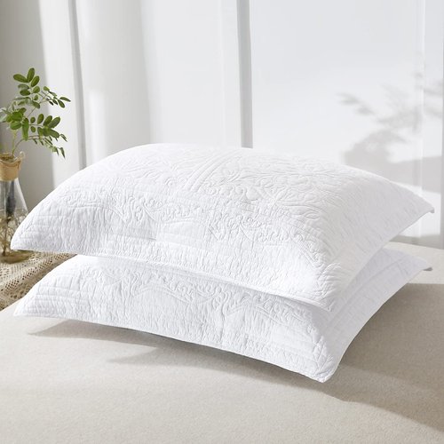 WINLIFE 100% Cotton Quilted Pillow Sham Floral Printed Pillow Cover White