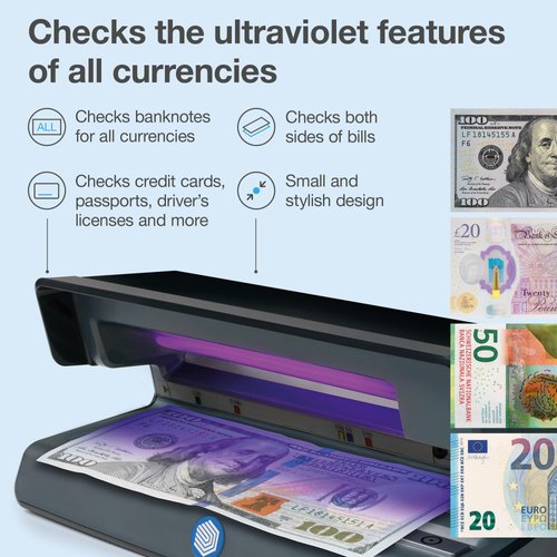 Safescan 50 UV Counterfeit Bill Detector, Small Footprint, Lightweight, Great for Bills, Credit Cards, Passports, IDs, Suitable for All Currencies, Powerful 9W UV Light, CE Certified, 3-Year Warranty