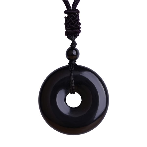 Black Obsidian Necklace 30mm Lucky Donut Amulet Protection Pendant with Adjustable Rope Natural Quartz Reiki Healing Crystal Stone Necklaces Jewelry for Men Women