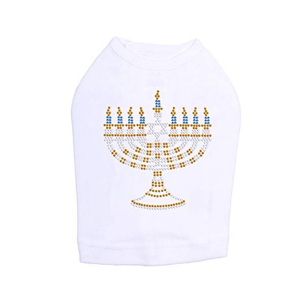 Menorah - Small - (Blue, Silver, & Gold) - Bling Rhinestone Hanukkah Dog Shirt, XS White