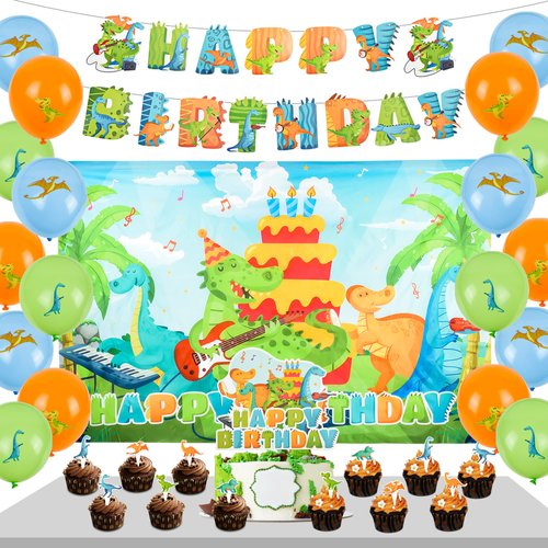 Dinosaur Birthday Party Supplies, 49Pcs Dinosaur Party Decorations with Dinosaur Happy Birthday Backdrop, Dinosaur Balloons, Happy Birthday Banner, Cupcake Toppers for Boys Kids Girls Celebration