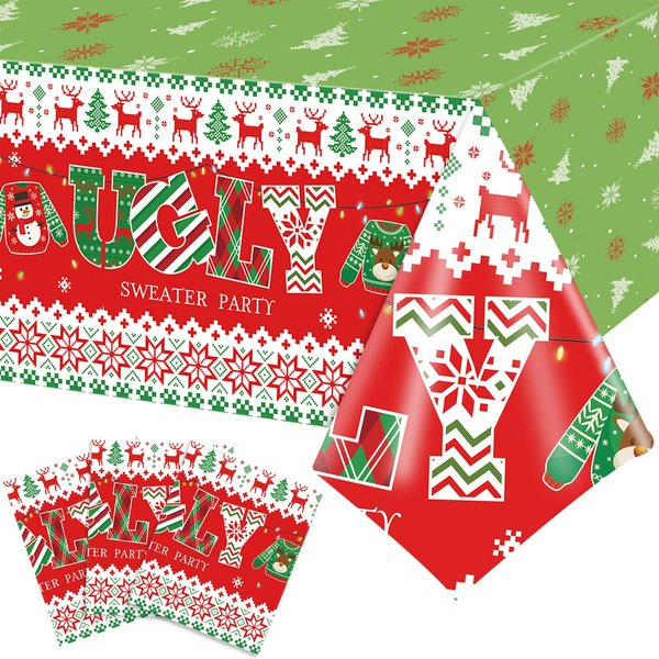 3 Pack Christmas Ugly Sweater Tablecloths Decoration Plastic Sweater Xmas Party Table Covers Merry Christmas Ugly Sweater Party Supplies for Xmas Winter Holiday Birthday Party Decor, 54 x 108 Inch