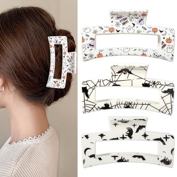 Halloween Hair Bows Clips Square Shark Hair Claw Clip Milk White Spider Silk Ghost Evil Spirit Bow-knot Hair Clips for Thick Thin Hair Nonslip Alligator Clip Halloween Hair Accessories 3Pcs