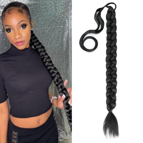 VOPPIS Long Braided Ponytail Extension 30 Inch Pre stretched Braiding Hair Extensions DIY Braid Ponytail Natural Soft Synthetic Hair Piece (Natural Black, 30inches)