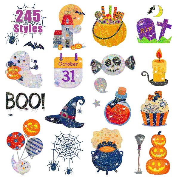 Partywind 245 Styles Glitter Halloween Tattoos for Kids Treats, Halloween Birthday Party Decorations Supplies Favors for Boys Girls, Tattoo Stickers for Trick or Treat Party (28 Sheets)