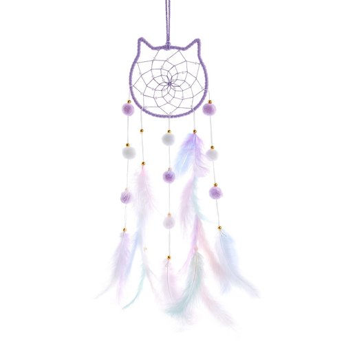 Pretty Jolly Purple Cat Kids Dream Catcher Wall Decor Pompom Feather Baby Dreamcatcher Handmade Children Dream Catcher Home Décor Wall Hanging for Nursery Bedroom Boys Girls Birthday Gift-25.6in