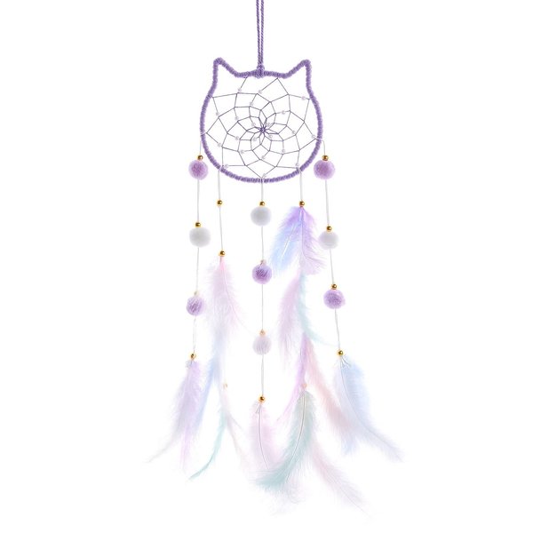 Pretty Jolly Purple Cat Kids Dream Catcher Wall Decor Pompom Feather Baby Dreamcatcher Handmade Children Dream Catcher Home Décor Wall Hanging for Nursery Bedroom Boys Girls Birthday Gift-25.6in