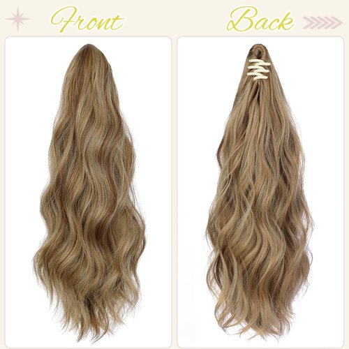 FELENDY 16" Ponytail Extension Small Claw Clip Curly Ponytail Hair Extensions Long Wavy Pony tails Hairpiece Cute Jaw Clips for Women Light Brown Mix Ash Blonde