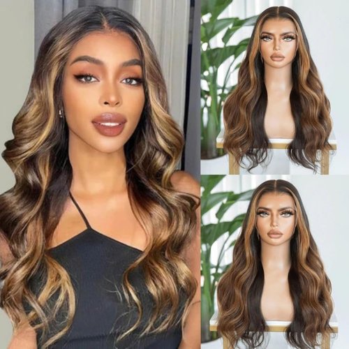 Aorbige HD Transparent Lace Front Human Hair Wigs Ombre Brown Color Natural Wave Hair Wig 13x4 Lace Hair 180% Density Wig Pre-plucked Hair Line for Black Women (13x4 lace front wig, 22inch)
