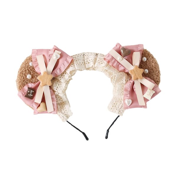 GK-O Lolita Bear Ear Headband Bowknot Hair Kawaii Lolita Prop Headwear Cute Hairpin Female Headdress Hair Accessories Handmade (Pink)
