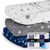 GROW WILD Changing Pad Cover 3 Pack | Soft & Stretchy Jersey Cotton | Baby Changing Table Pad Cover | Diaper Changing Pad Covers for Girls or Boys | Wipeable Sheets | Grey White Navy Blue Stars Moons