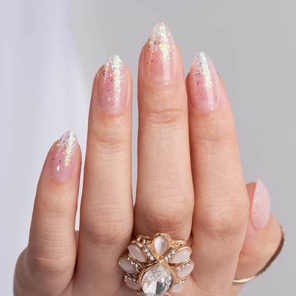 Polychrome&air Press On Nails Medium Almond ABS Natural Fit Fake Nails with Jelly Glue Reusable Manicure Glue On Nails Woman and Girl False Nails UV Cover Gel Glossy Nails 15Sizes 30PCS（Color&Shining)
