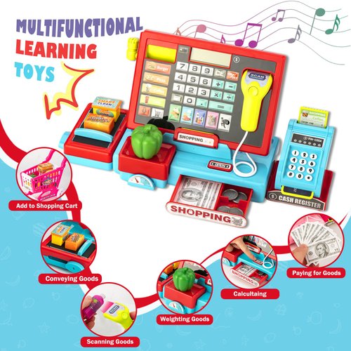 Cash Register for Kids Real Calculator Kids Cash Register with Scanner Toy for 3 4 5 6 7 8 Year Old Boy Pretend Play Store with Music / Food / Shopping Cart Learning Toys Gifts for Boys Ages 4-8