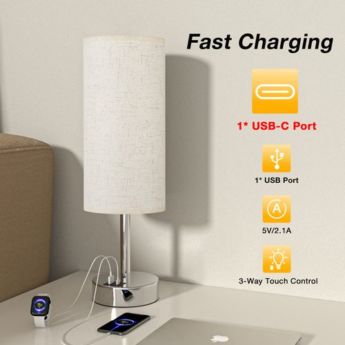Touch Table Lamp for Bedroom Nightstand - Bedside Lamp with USB-C USB-A Charging Ports White, 3 Way Dimmable Control Small Lamp Fabric Shade Silver Base for Bedroom, Office, Living Room, Reading