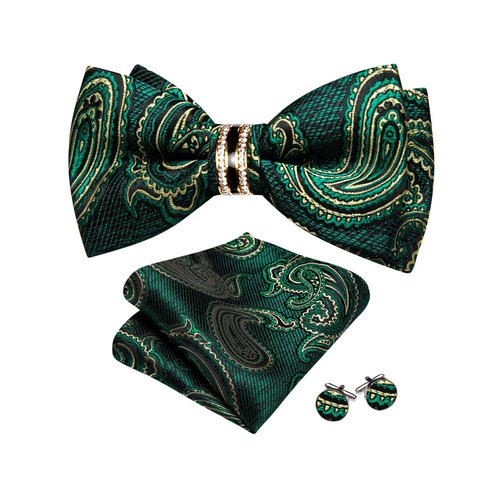 YOHOWA Green Gold Bow Tie and Pocket Square Set Pretied Bow Tie with Gold Diamond Ring