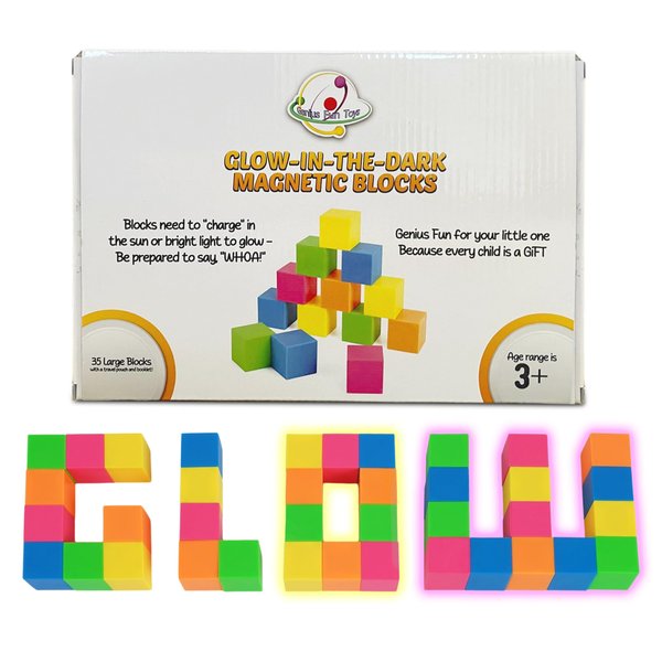 Glow in The Dark Magnetic Building Blocks (35 Pcs) – 1.38 in. Safe Toddler Blocks w/Manual & Travel Pouch - STEM Toys for Fine Motor Skills & Creativity - Ideal Toddler Educational Toys for Gifting