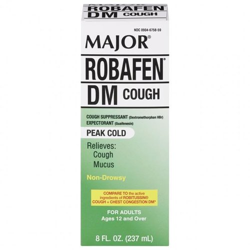 MAJOR Robafen DM Cough & Chest Congestion Cough Suppressant & Expectorant Dextromethorphan 20 mg/Guaifenesin 200 mg Raspberry Flavor Cough Syrup - 8 Fl Oz