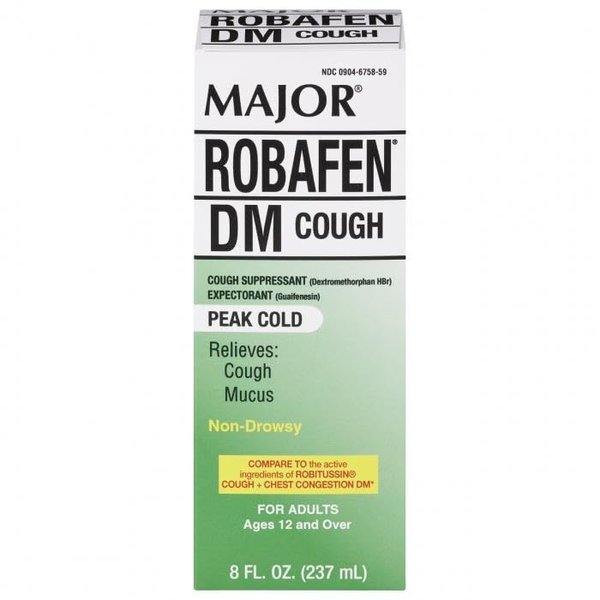 MAJOR Robafen DM Cough & Chest Congestion Cough Suppressant & Expectorant Dextromethorphan 20 mg/Guaifenesin 200 mg Raspberry Flavor Cough Syrup - 8 Fl Oz