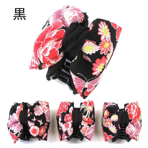 Japanese Claw Clip with CHIRIMEN and Chiffon Ribbon (Black)